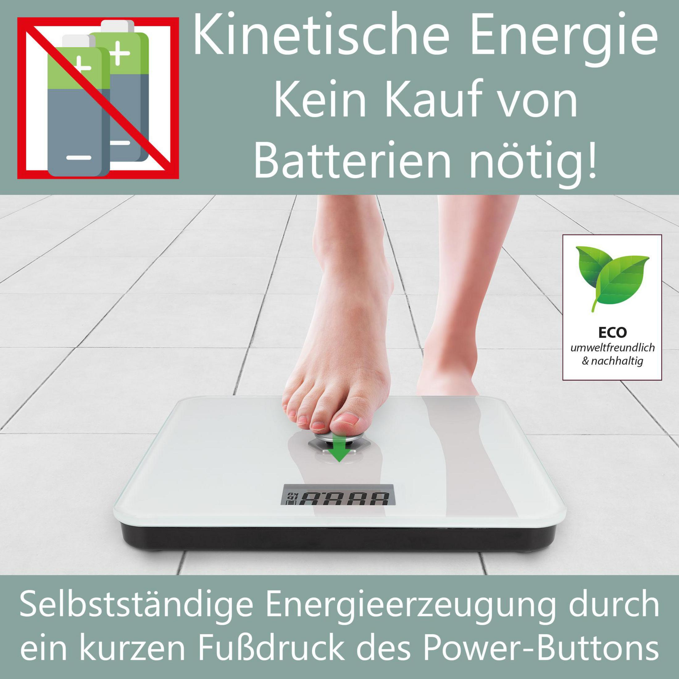 Osoba na wadze niewymagającej baterii. Logo ECO.