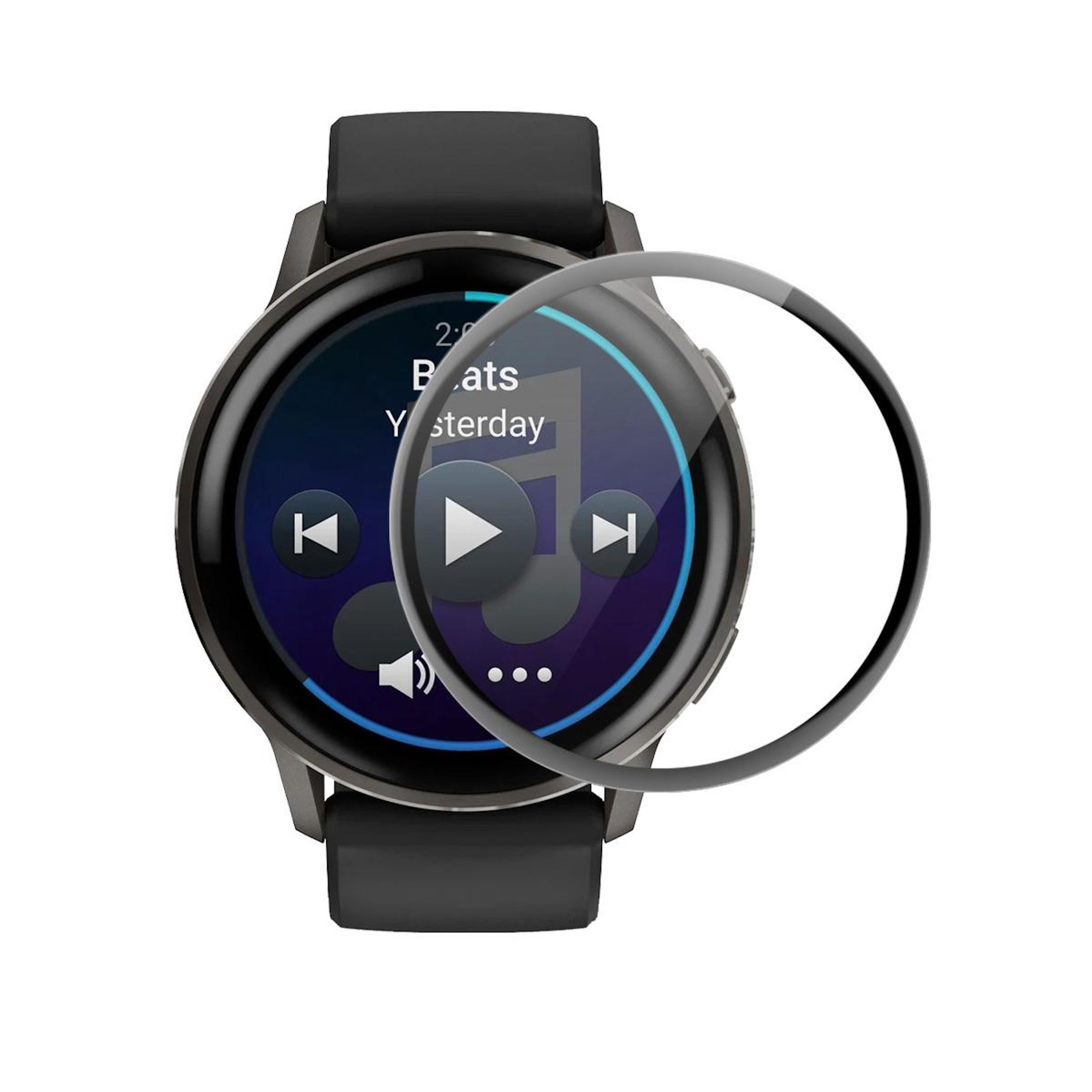 Eine schwarze Smartwatch mit Musiksteuerung und einem Displayschutz