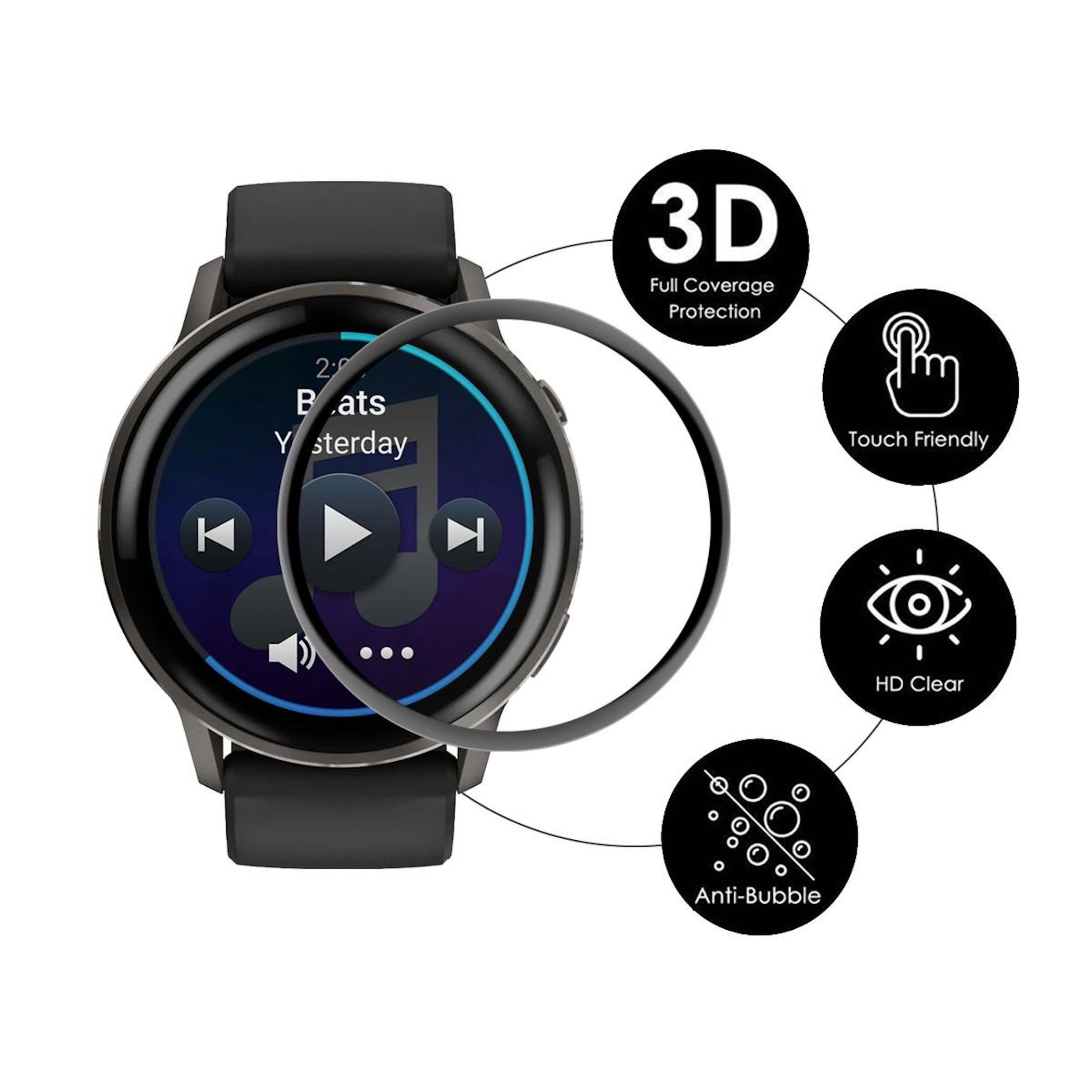 Schwarze Smartwatch mit Musik-Player-Bildschirm und Schutzfolie. Icons: 3D, Touch, HD, Anti-Blase.