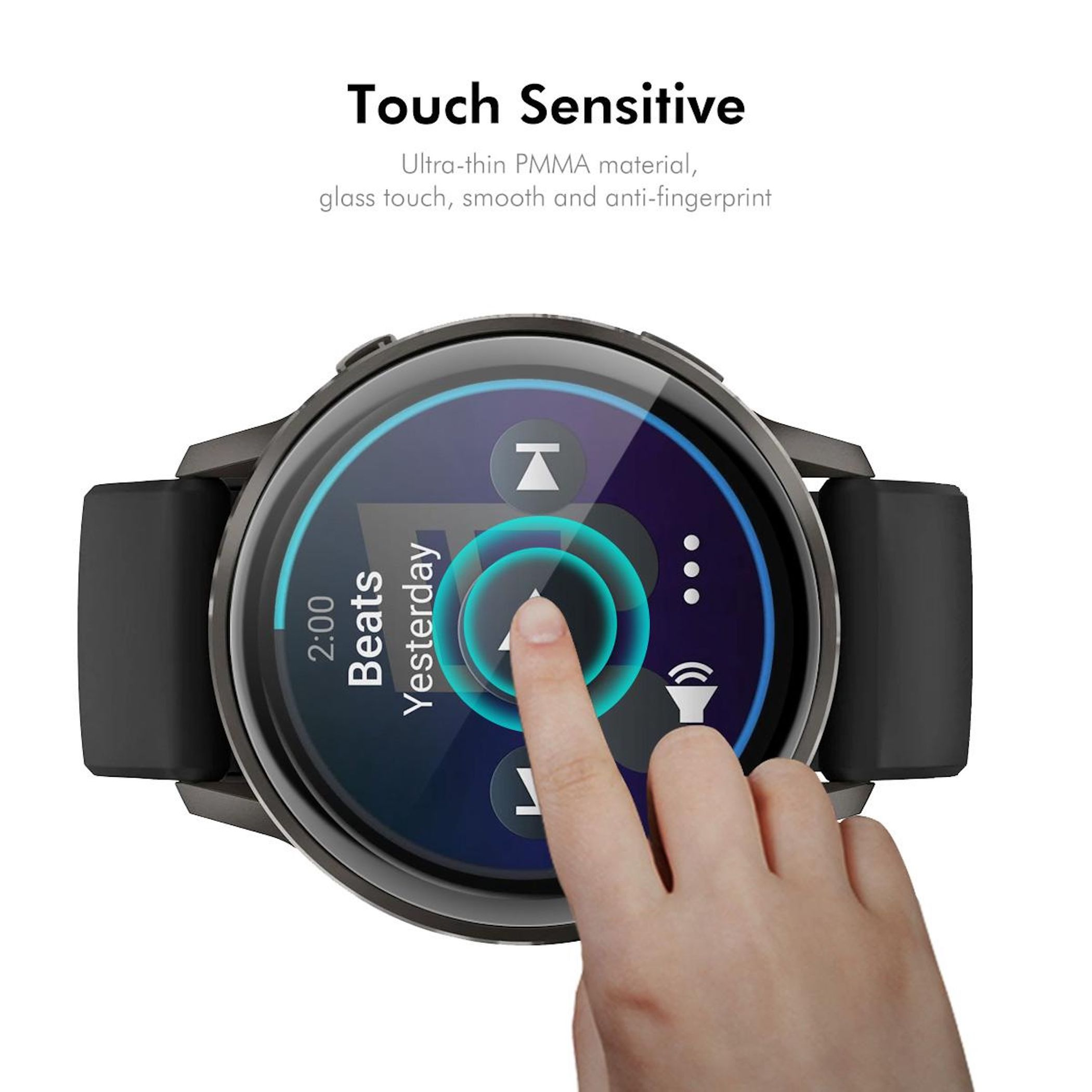 Eine Hand berührt den Bildschirm einer Smartwatch, die Musik abspielt.