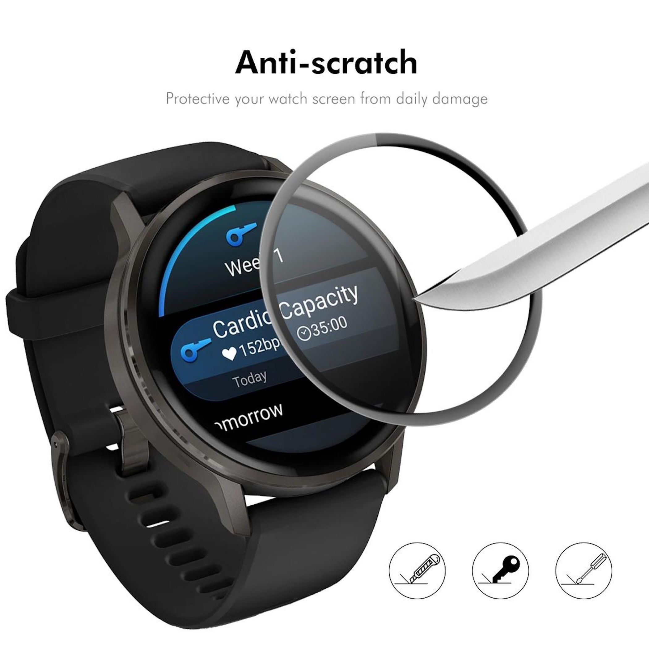 Eine Displayschutzfolie für eine schwarze Smartwatch mit dem Text 'Cardio Capacity'.