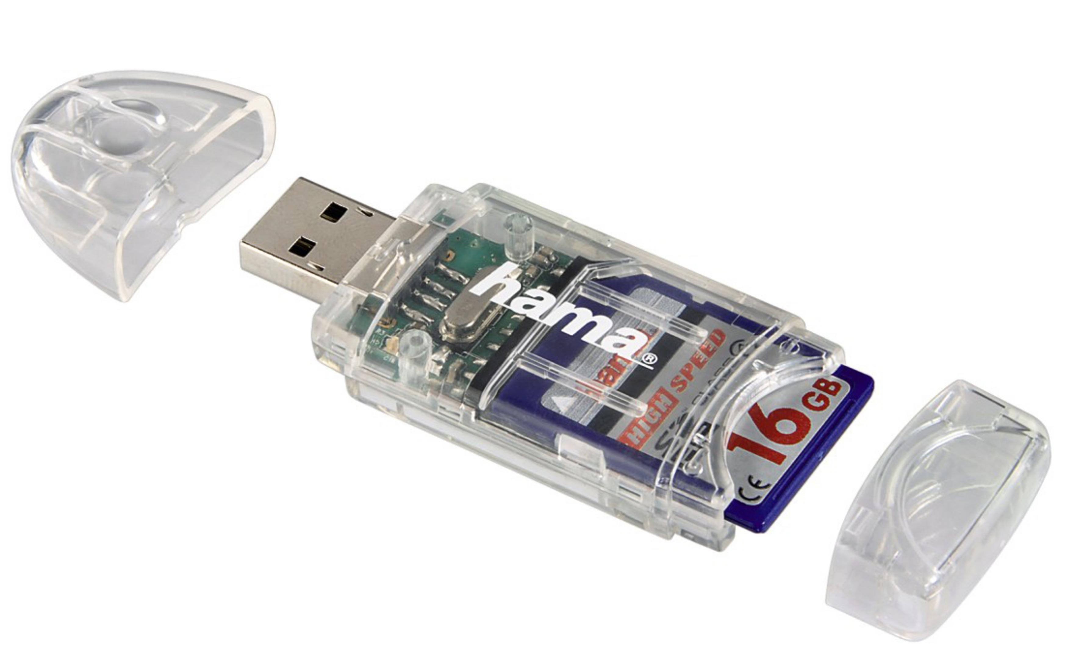 Transparenter USB-Kartenleser mit 16-GB-Speicherkarte, Kappen offen.