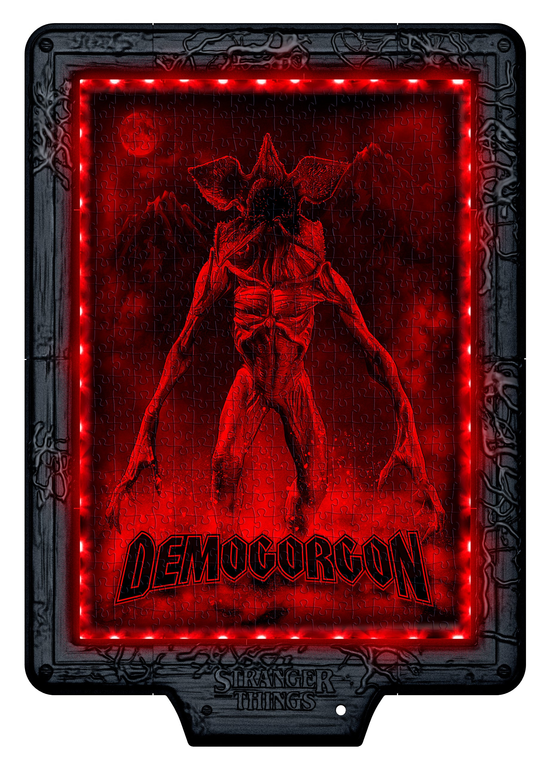 Een Demogorgon-monster op een puzzel met rood licht en "Stranger Things" tekst.