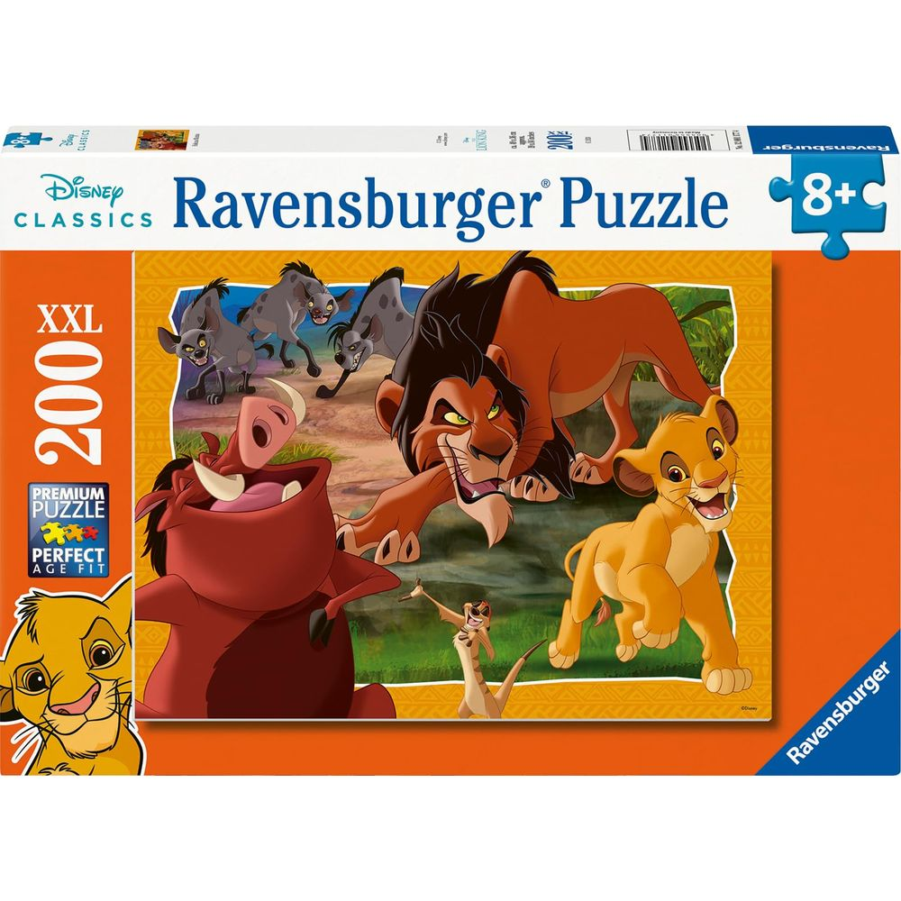 Löwenjunge Simba, Scar, Pumbaa, Timon und Hyänen aus Der König der Löwen auf Puzzle-Schachtel.