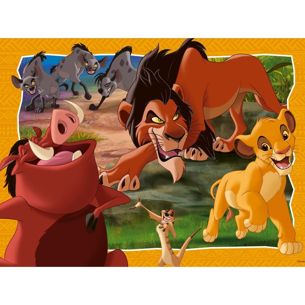Löwenjunge Simba, Scar, Timon, Pumbaa und Hyänen auf Savannenhintergrund.