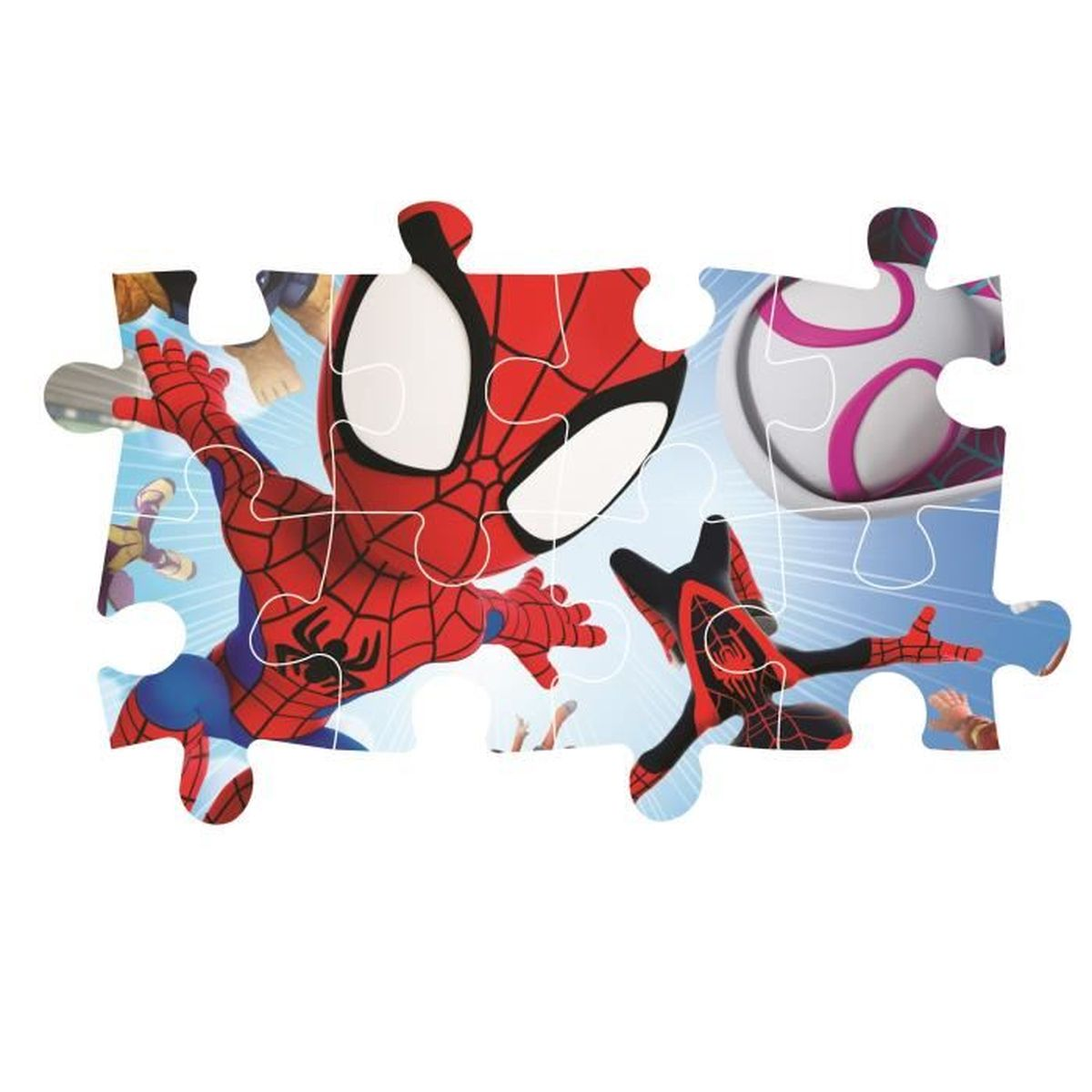 Spiderman y Ghost-Spider saltando con fondo de cielo azul, piezas de puzzle de Spiderman.