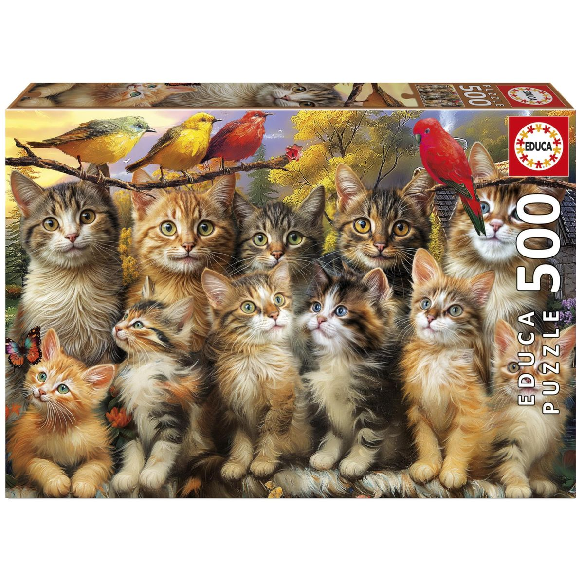 Un gruppo di gattini e uccelli su una scatola di puzzle con testo EDUCA PUZZLE 500.