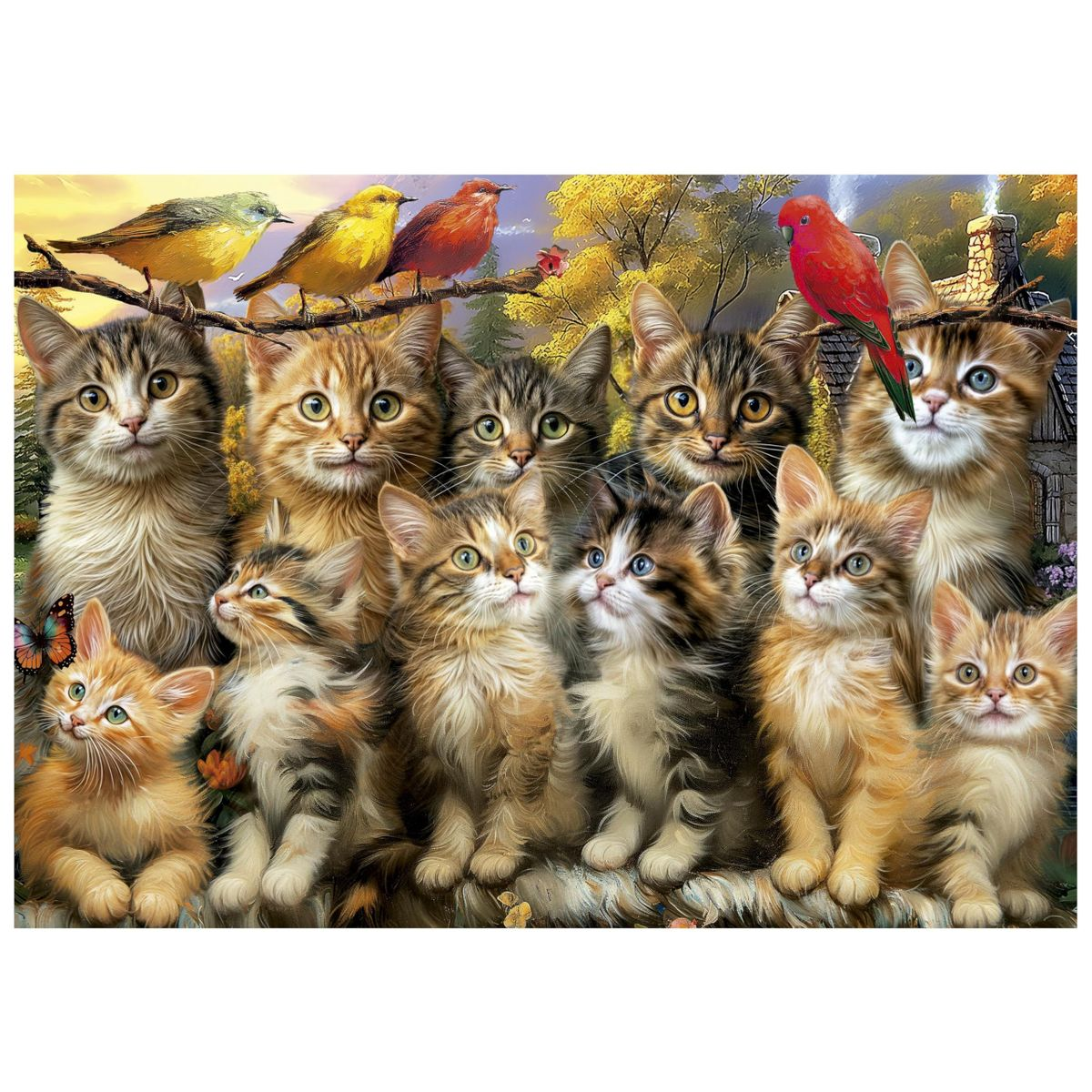 Dieci gattini e tre uccelli siedono davanti a una casa in autunno.