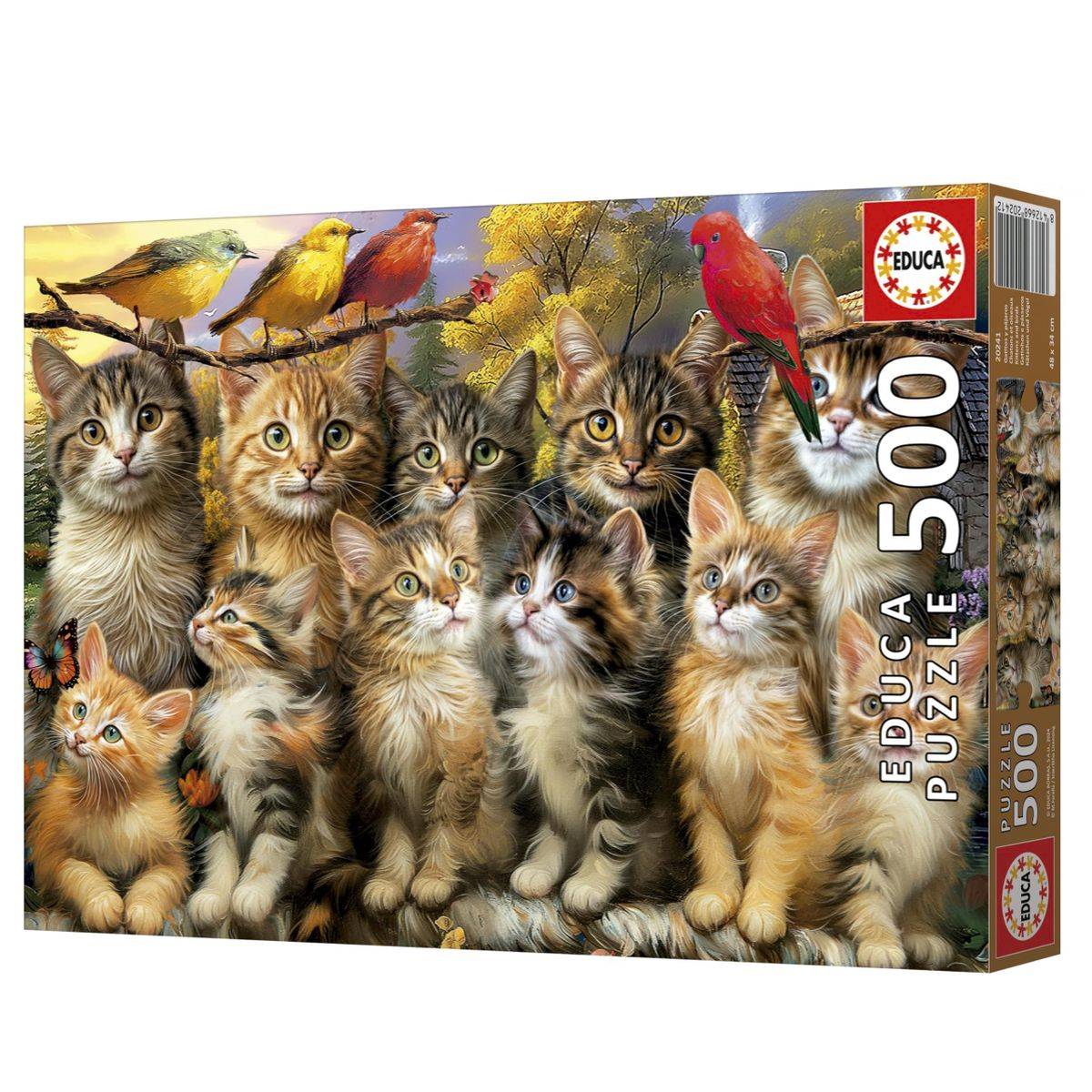 Diversi gattini e tre uccelli seduti su un ramo. Pappagallo colorato in alto.