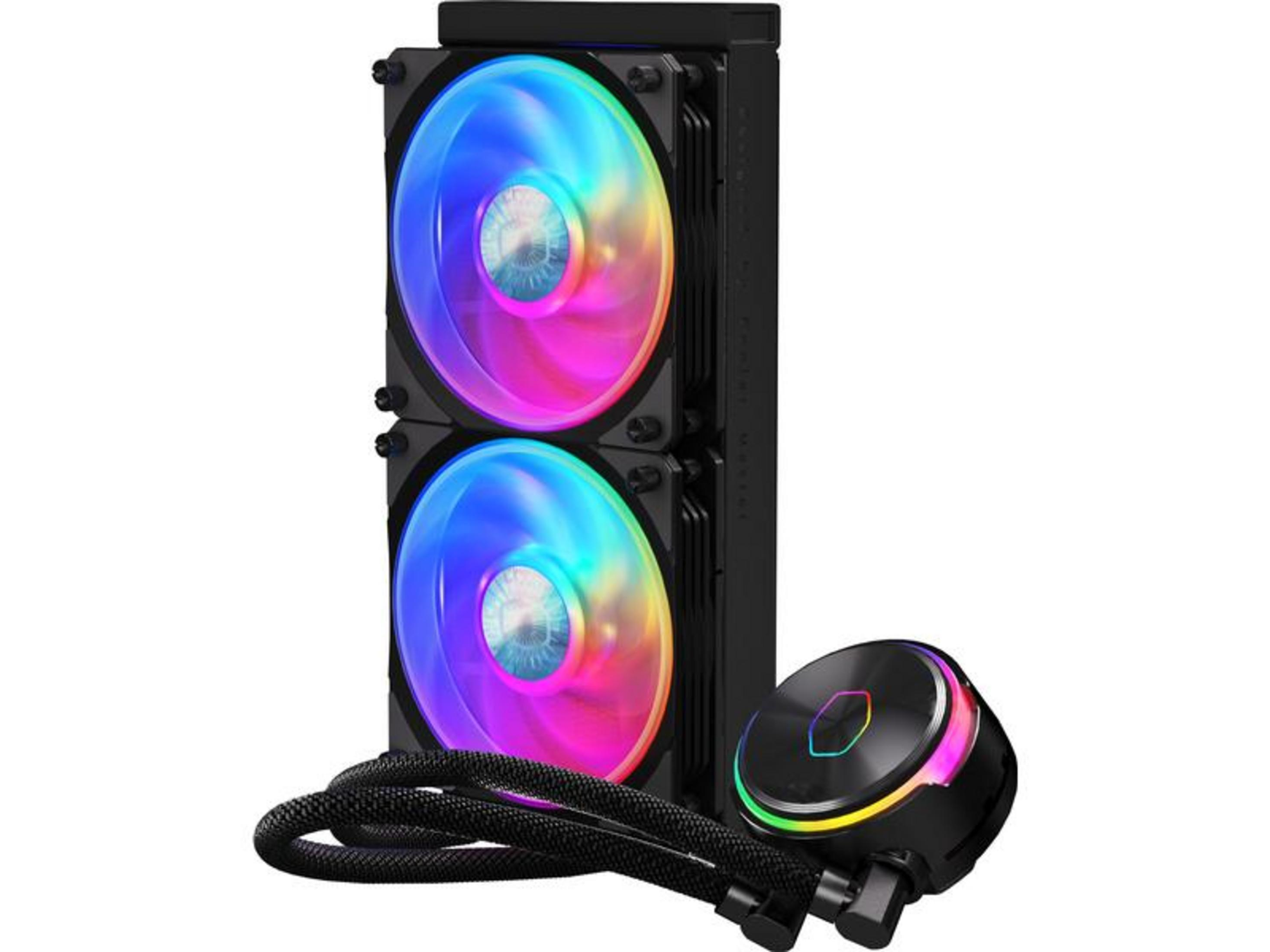 Un dissipatore CPU nero con due ventole RGB e una pompa rotonda.