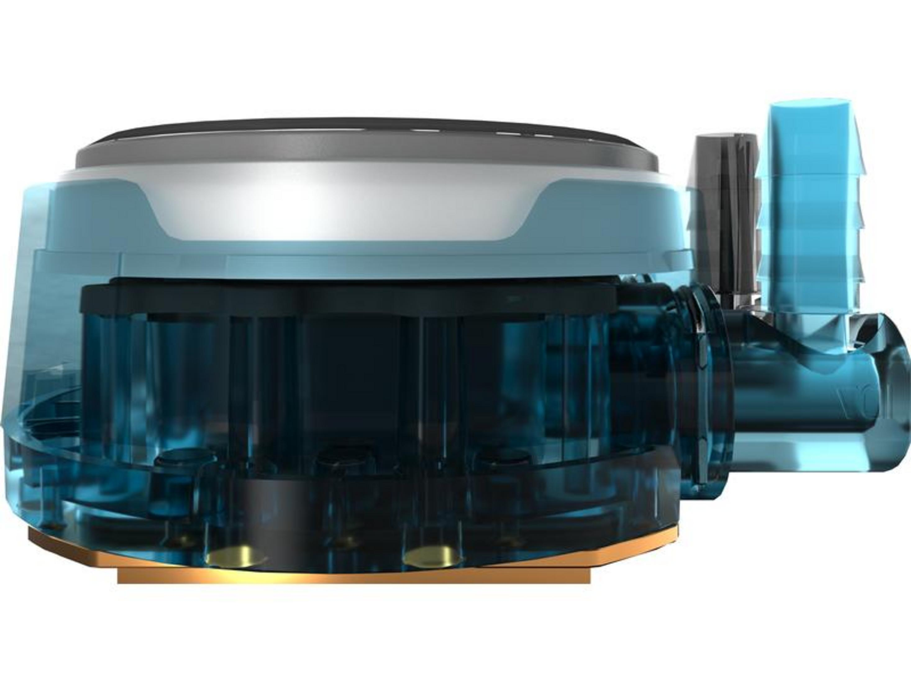 Un meccanismo di pompa blu traslucido e trasparente con accenti argento e oro.