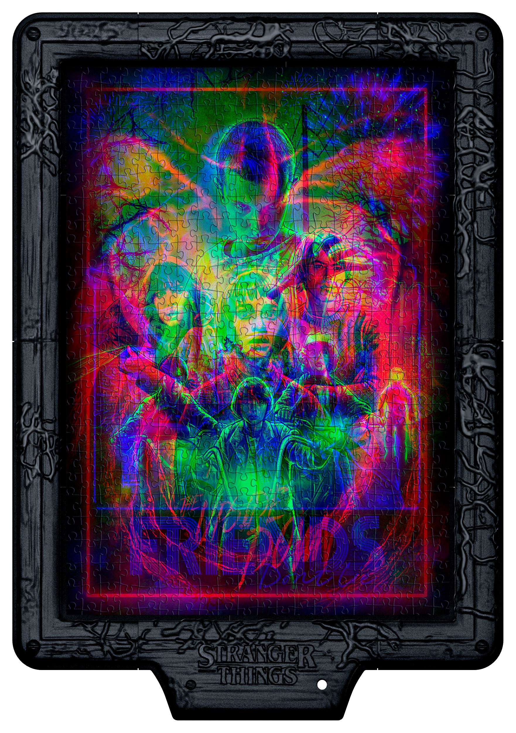 Bunt gestaltetes Stranger Things Puzzle mit Figuren und verzerrten Farben.