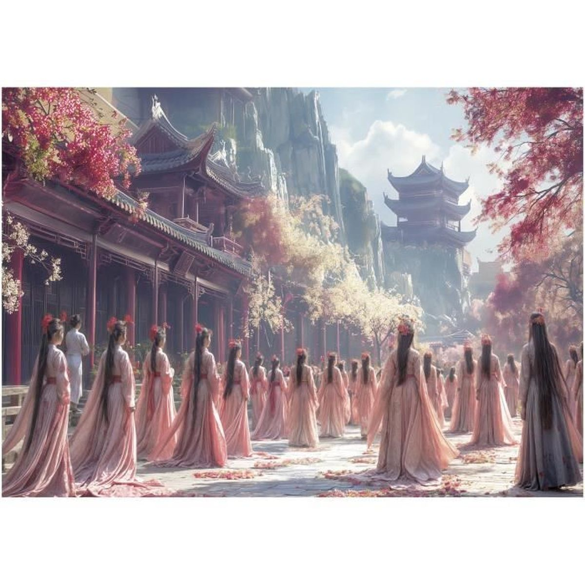 Viele Frauen in langen rosa Kleidern stehen vor einem traditionellen chinesischen Gebäude.