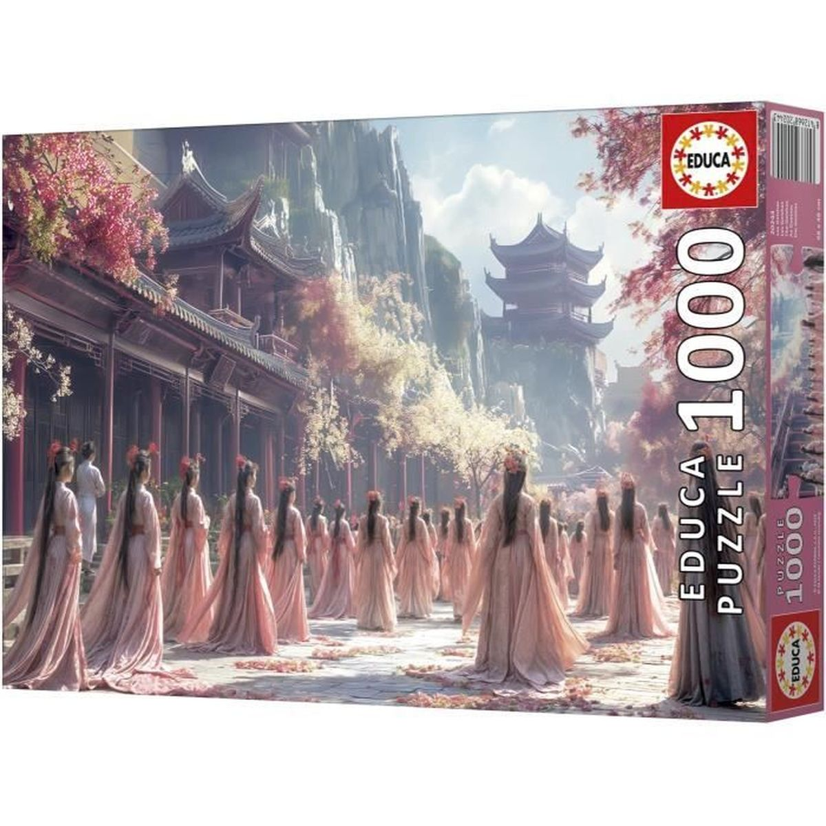 Eine Puzzle-Box zeigt eine Szene mit vielen Frauen in rosa Kleidern in einer traditionellen ostasiatischen Umgebung.