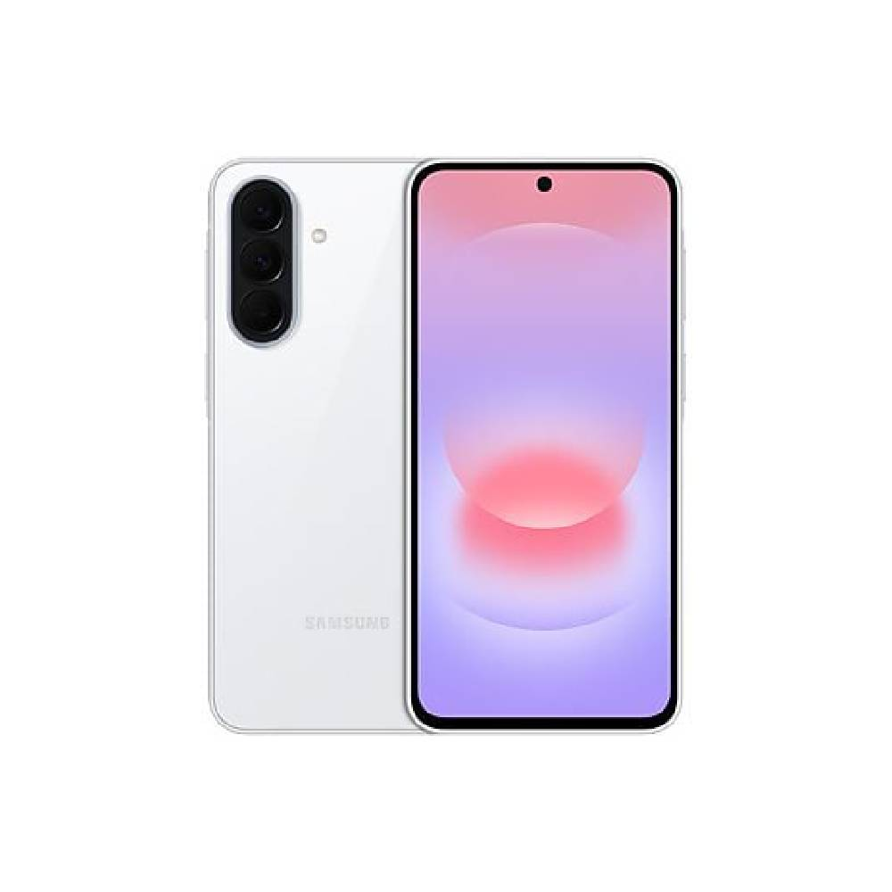 Üç arka kamerası ve renkli ekranı olan beyaz bir Samsung akıllı telefon.