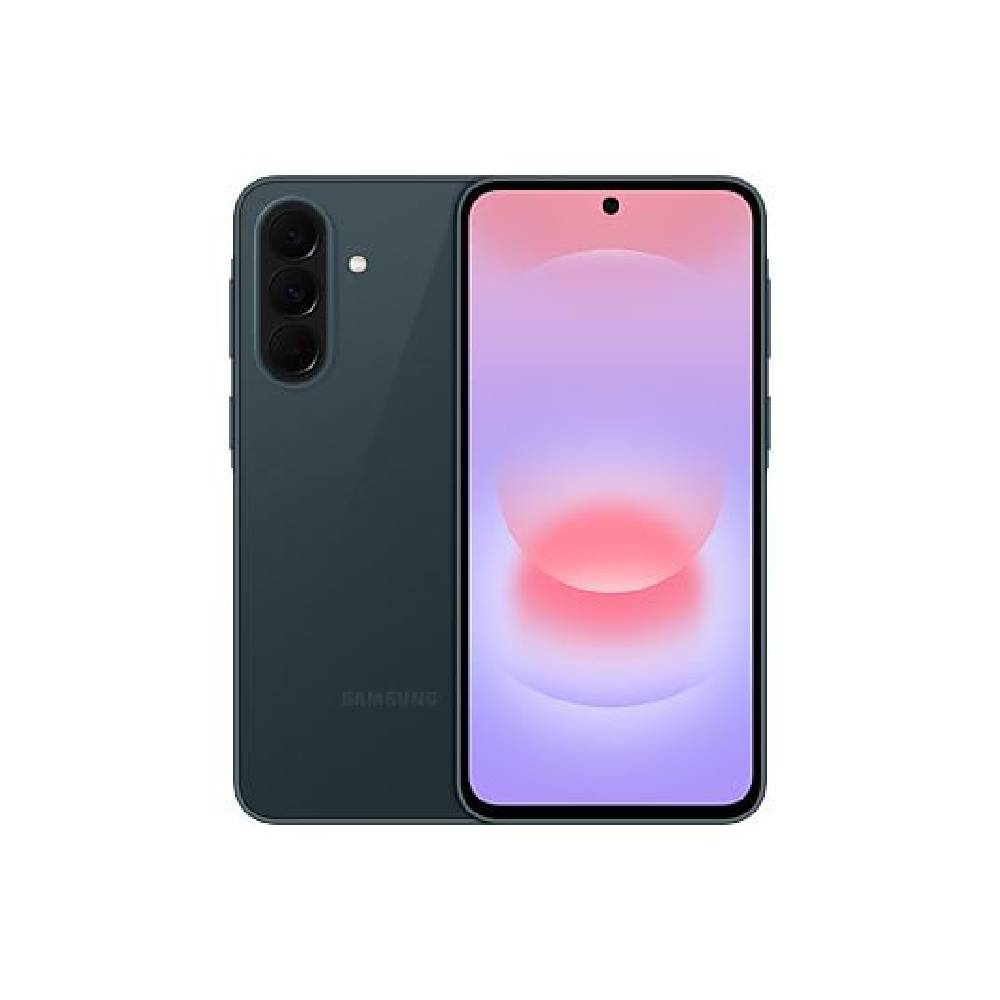 Ekranında renkli duvar kağıdı bulunan, üç arka kameraya sahip koyu yeşil Samsung akıllı telefon.