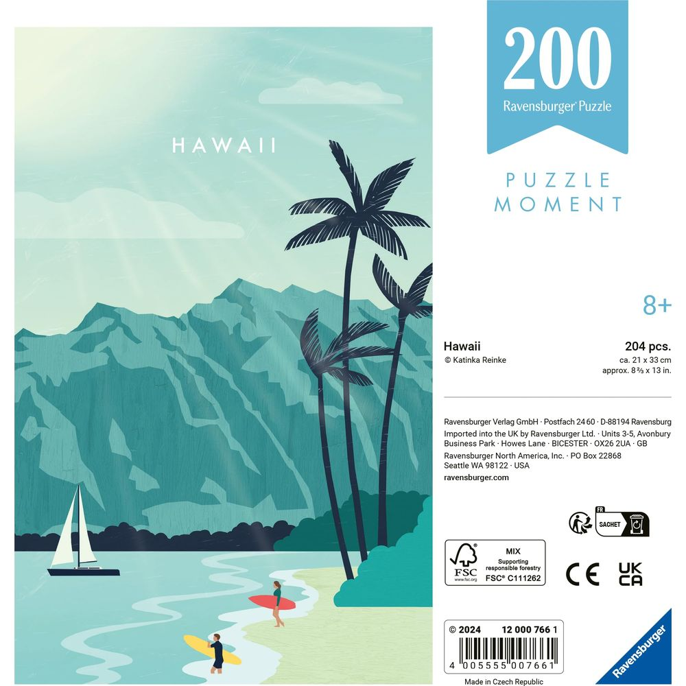 Scena di spiaggia con palme, montagne e barca a vela. Puzzle da 200 pezzi.