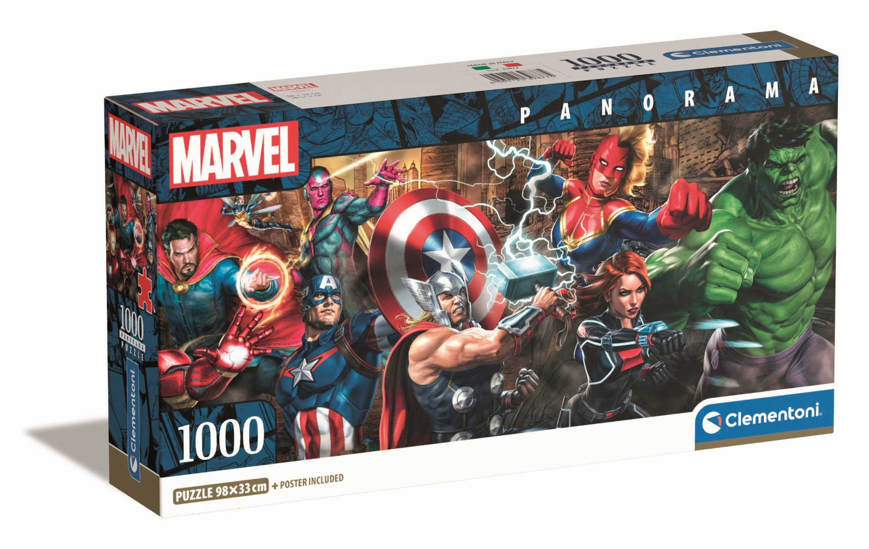Marvel puzzeldoos met superhelden zoals Hulk, Captain Marvel, Thor, Captain America en Black Widow.