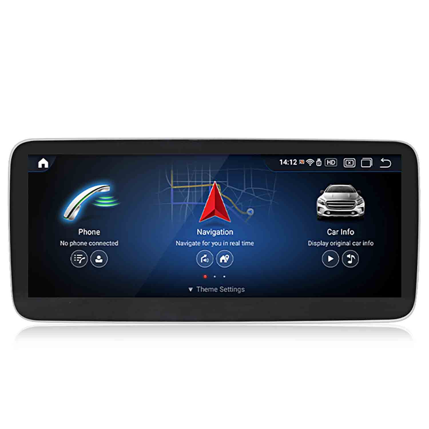 Ein Auto-Infotainment-System mit Navigation, Telefon und Auto-Info-Optionen.