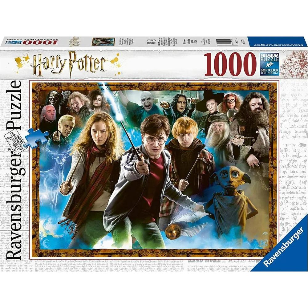 Puzzle Harry Potter : Harry, Ron, Hermione et Dobby avec des baguettes. De nombreux personnages en arrière-plan.