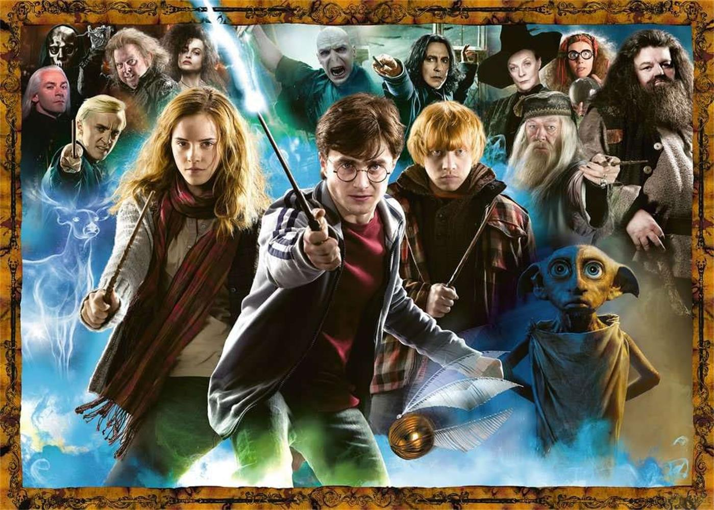 Personnages de Harry Potter avec baguettes, Dobby et un vif d'or sur fond de ciel bleu.