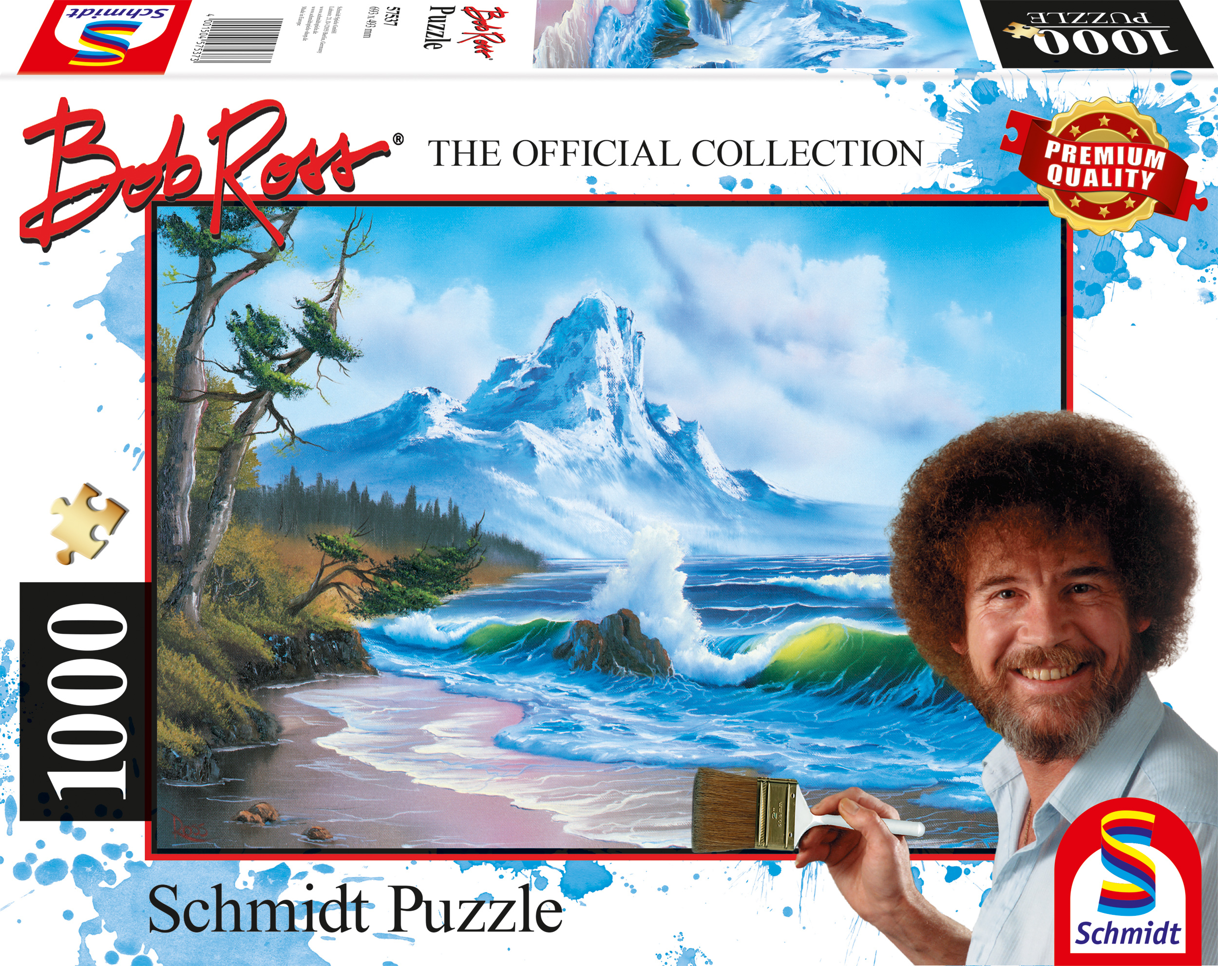 Bob Ross pinta un paisaje costero con una montaña nevada y olas.