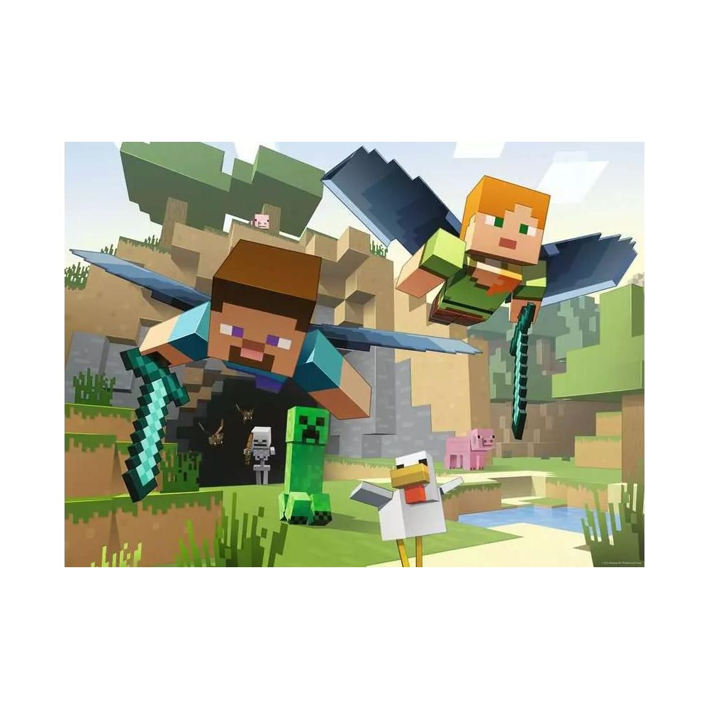 Steve e Alex volano con le ali attraverso un mondo Minecraft con creature.