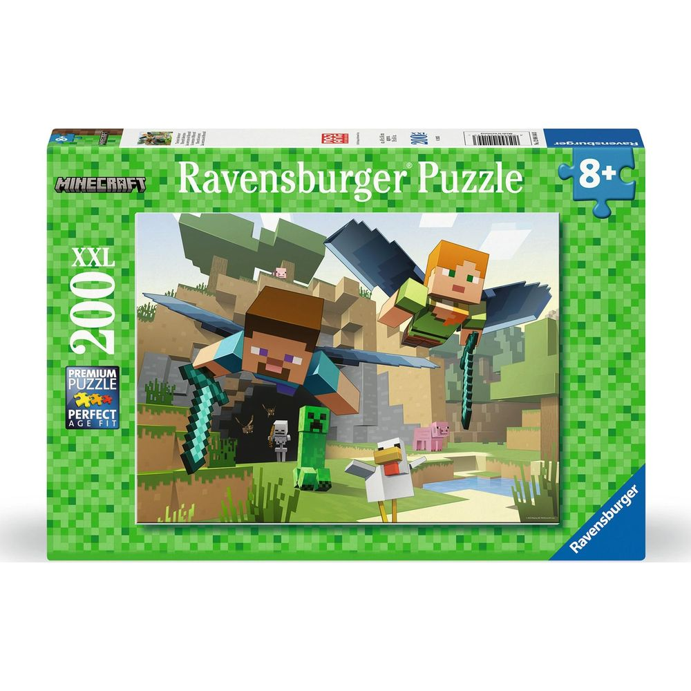 Scatola puzzle Minecraft con Steve e Alex che volano, con un Creeper e animali.