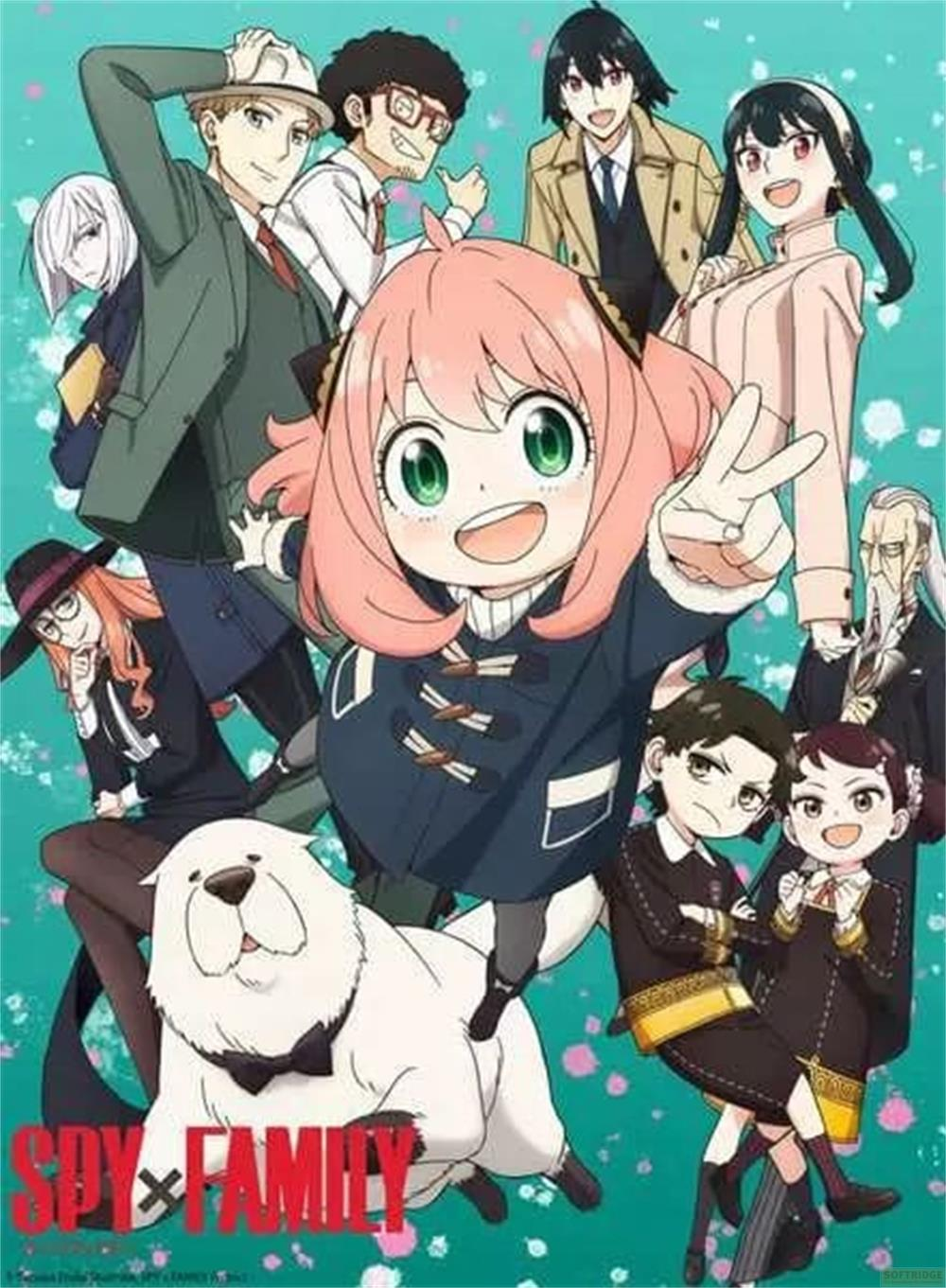 Personaggi di Spy x Family: Anya, Loid, Yor, Bond e altri su sfondo verde acqua.