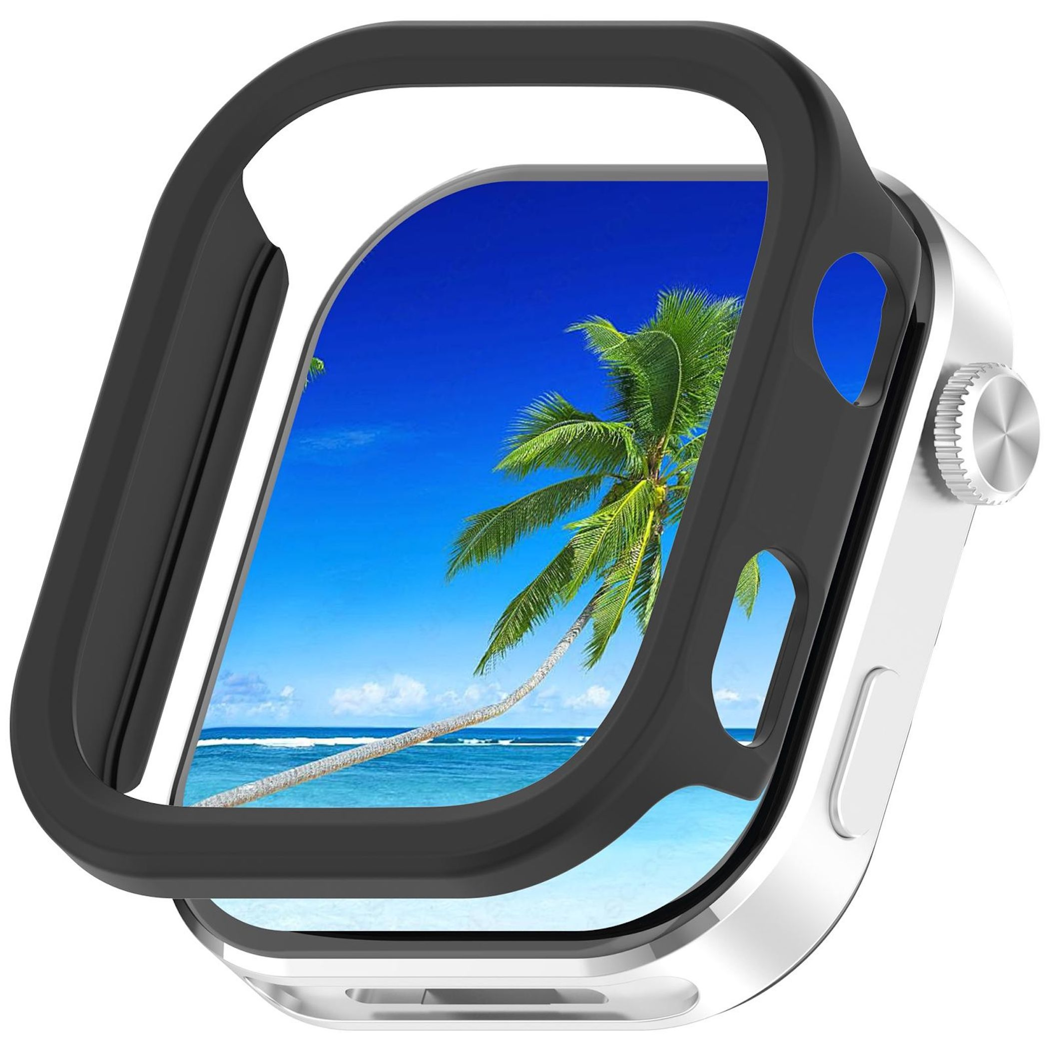 Custodia protettiva per smartwatch con scena di spiaggia tropicale sul display.