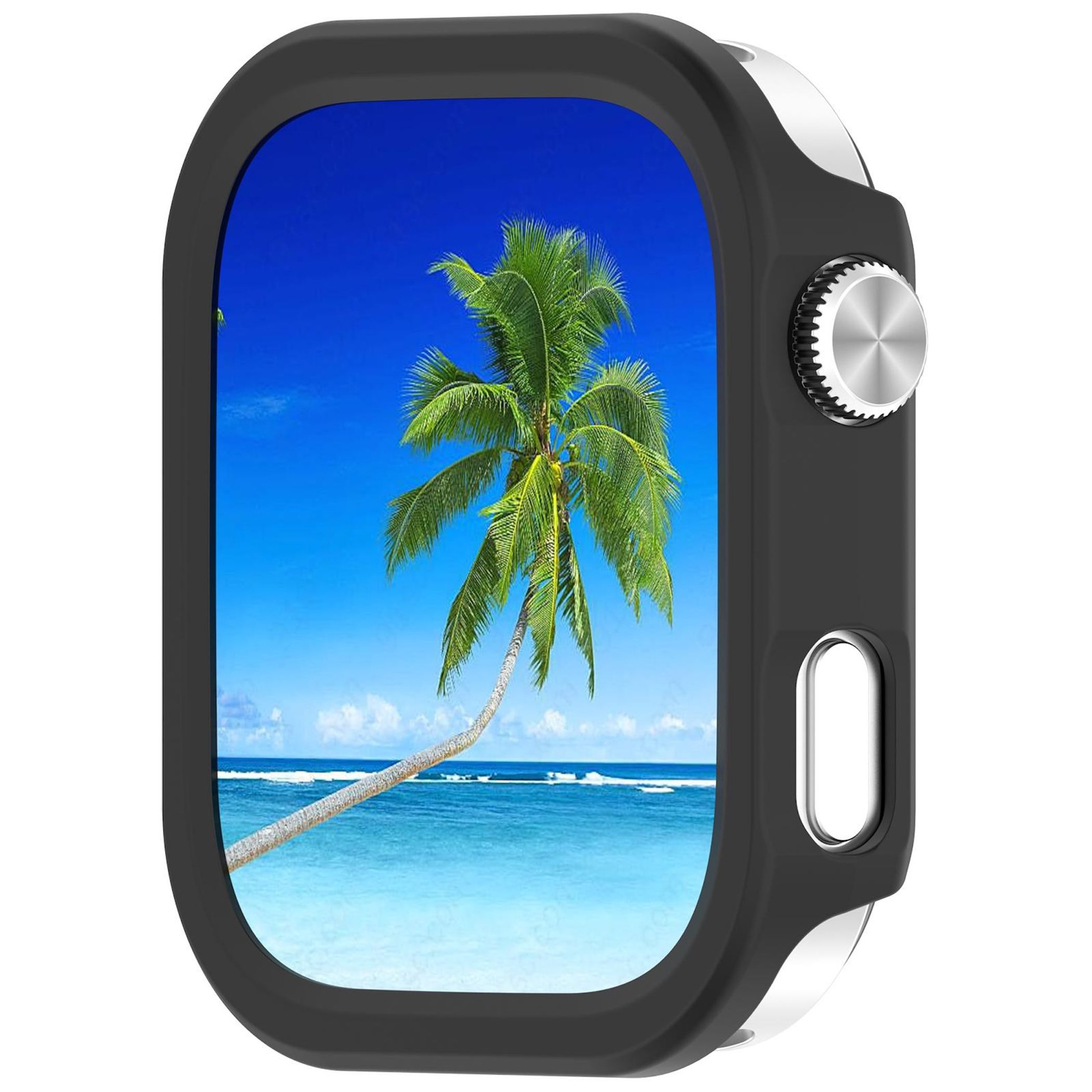 Smartwatch con schermo di palma su spiaggia, cielo blu, nuvole bianche.