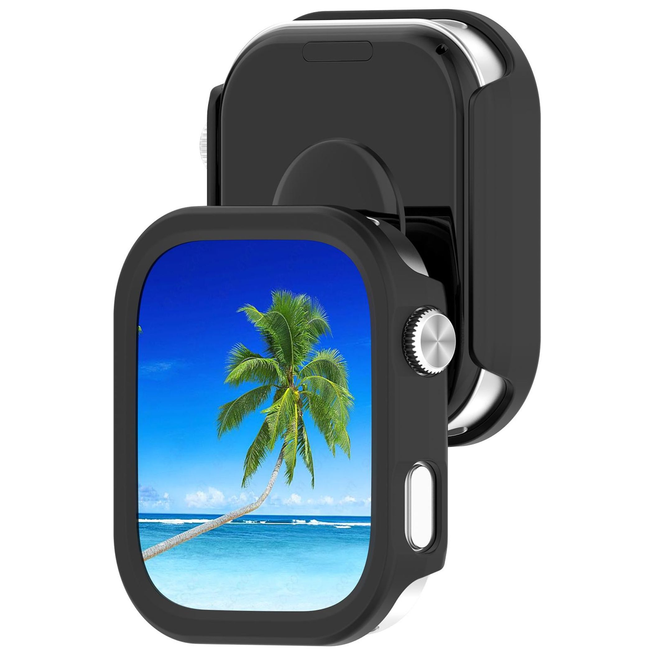 Custodia nera per smartwatch con display di spiaggia e palma.