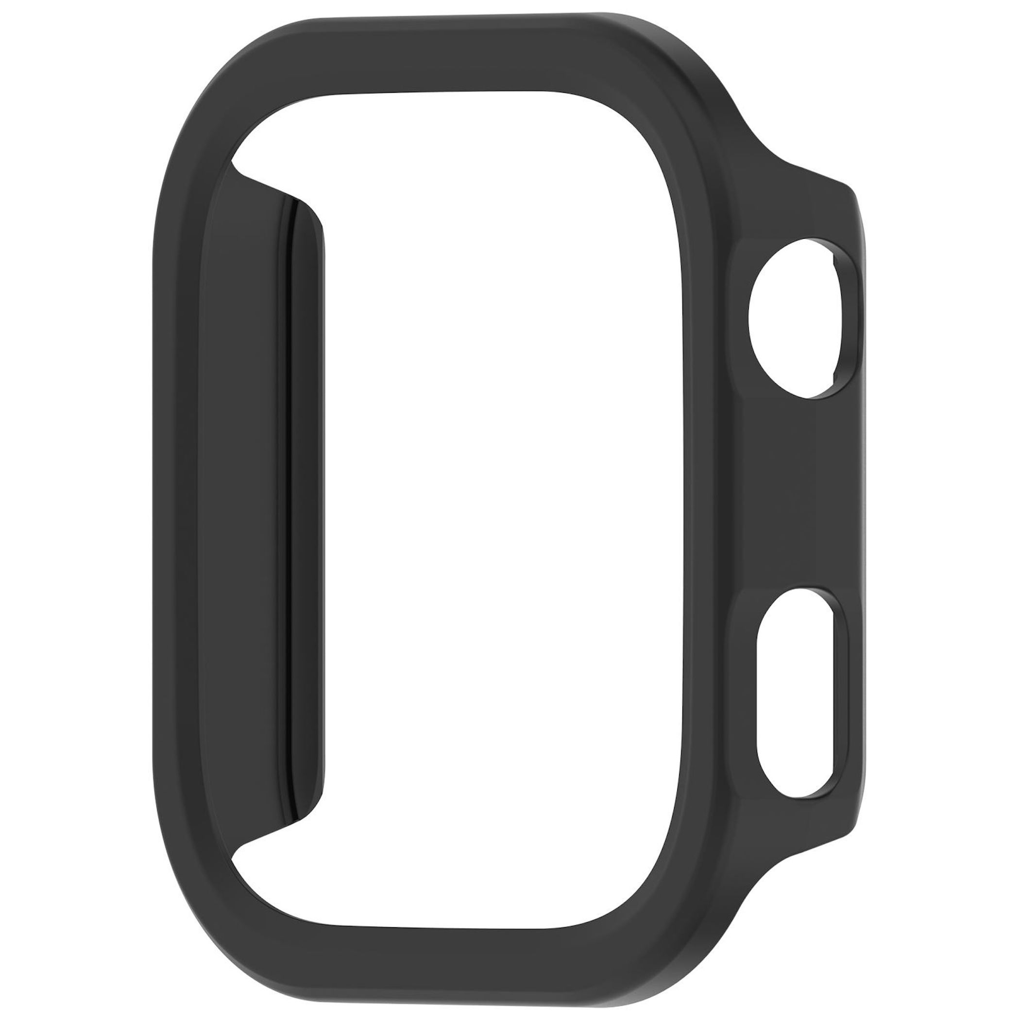 Un bumper per orologio nero con ritagli per schermo e corona.