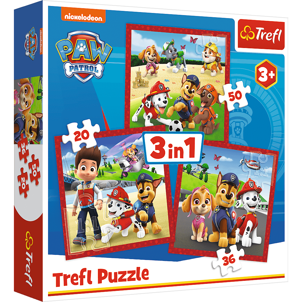 Boîte de puzzles Paw Patrol 3en1 avec les personnages Chase, Marshall, Skye, Rubble.