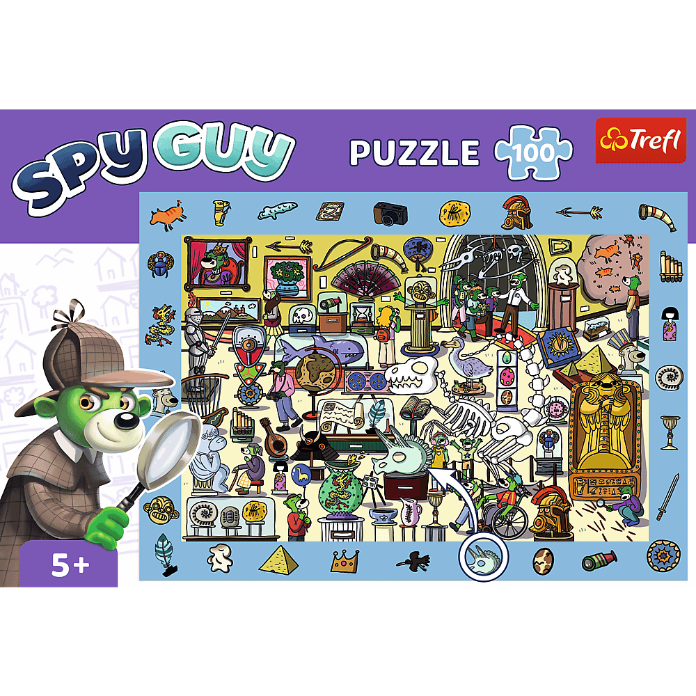 Spy Guy Puzzle mit Zeichentrickdetektiv, Museumsszenen, Skeletten und vielen Objekten.
