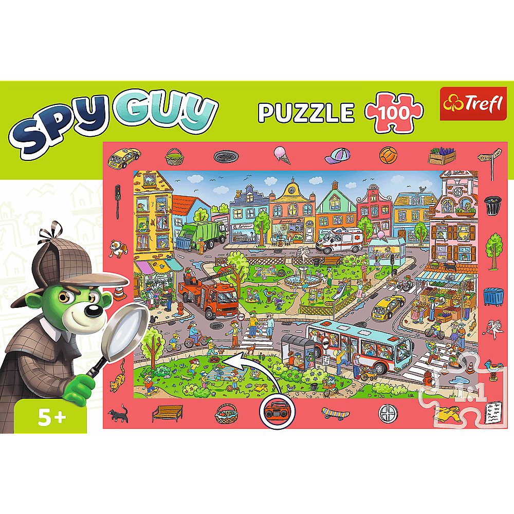 Eine detaillierte Stadtansicht mit vielen Menschen, Fahrzeugen und Gebäuden, die auf einem Puzzle zu sehen sind.