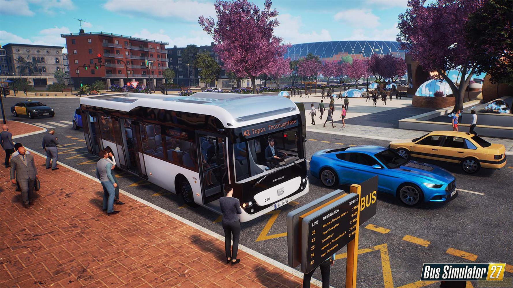 Eine Bus-Simulator-Szene in einer Stadt mit Bus, Autos, Menschen und Gebäuden.
