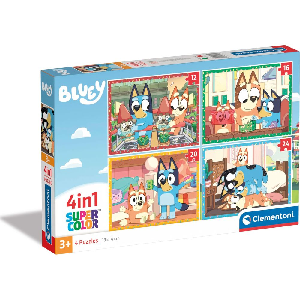 Verpackung für 4 Bluey-Puzzles, jede mit 12, 16, 20 oder 24 Teilen.