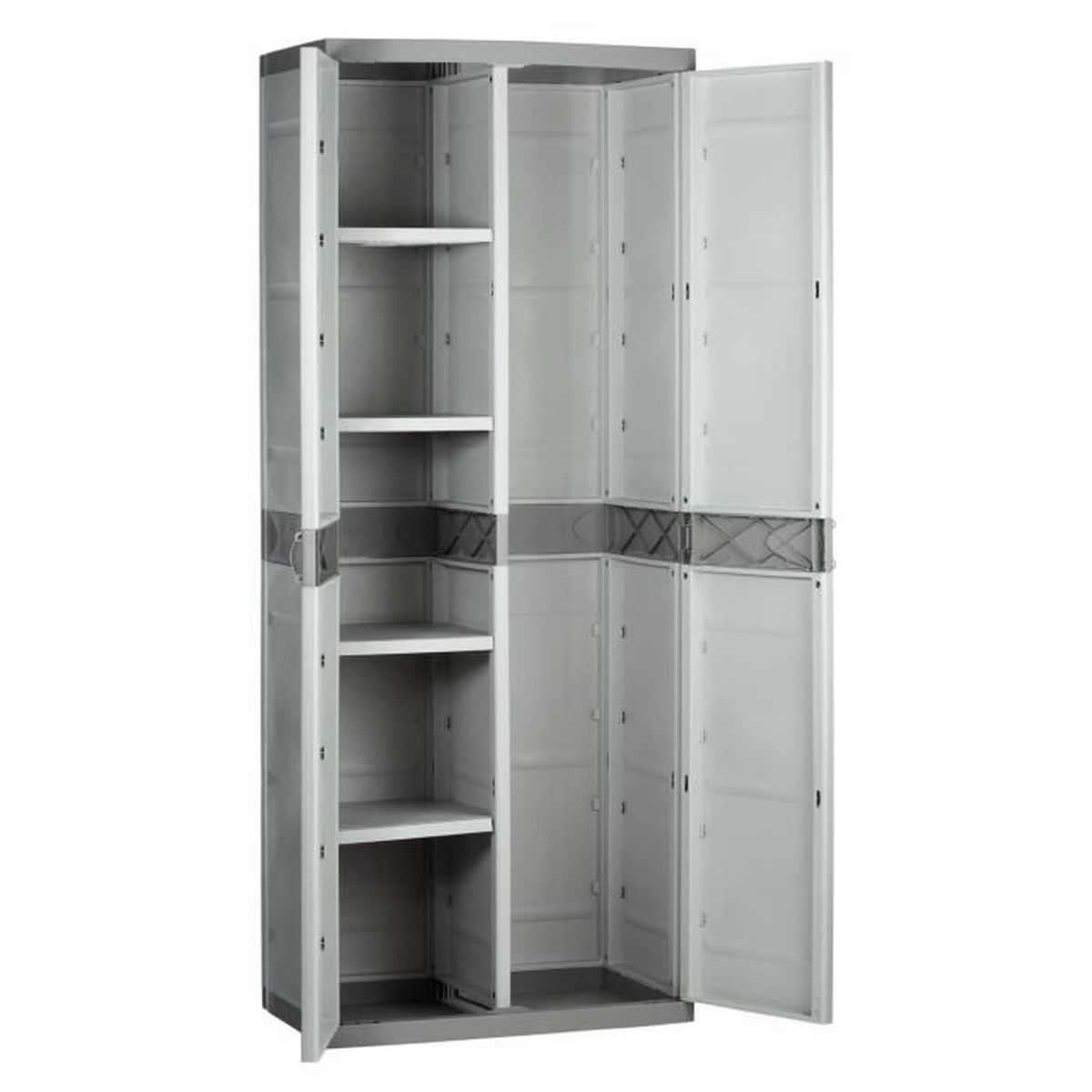 Armario de plástico gris con puertas abiertas y estantes.