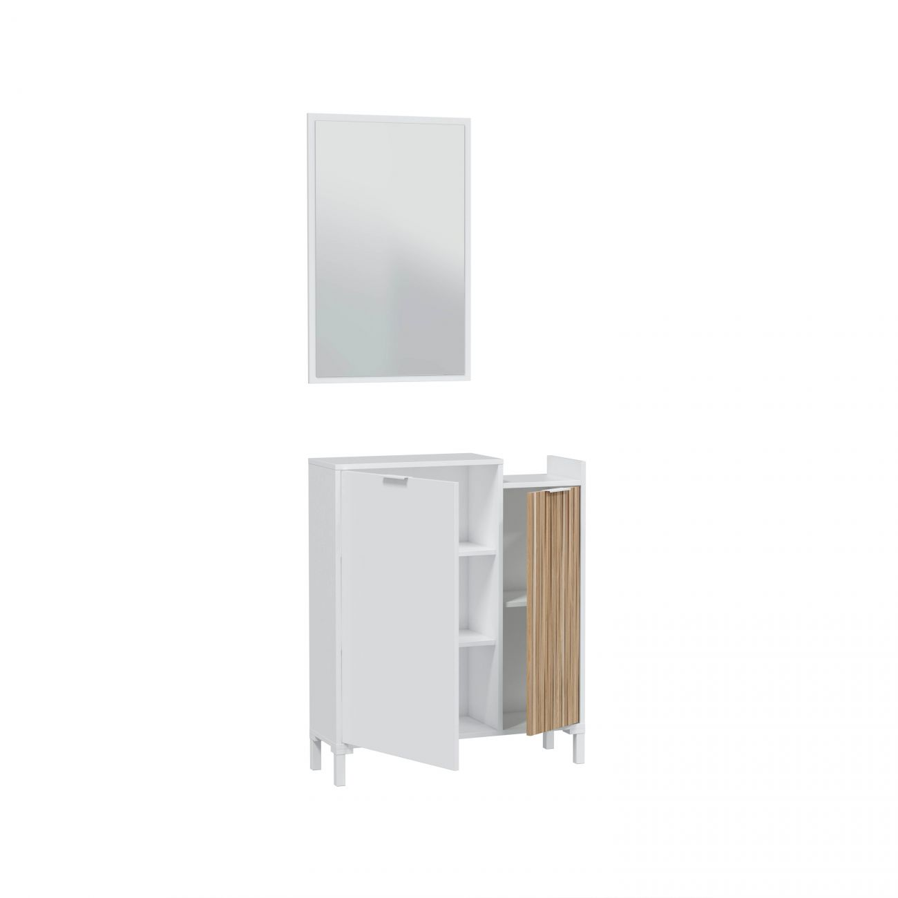 Un mueble de baño blanco con una puerta abierta y un espejo encima.