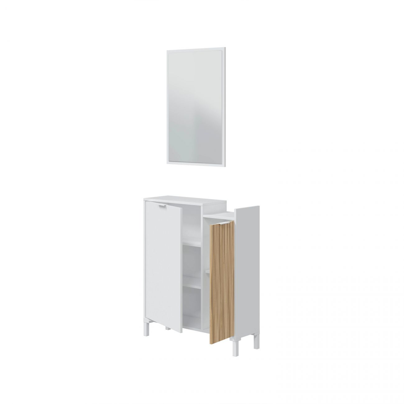 Un armario blanco con puerta abierta y detalles de madera, con un espejo encima.