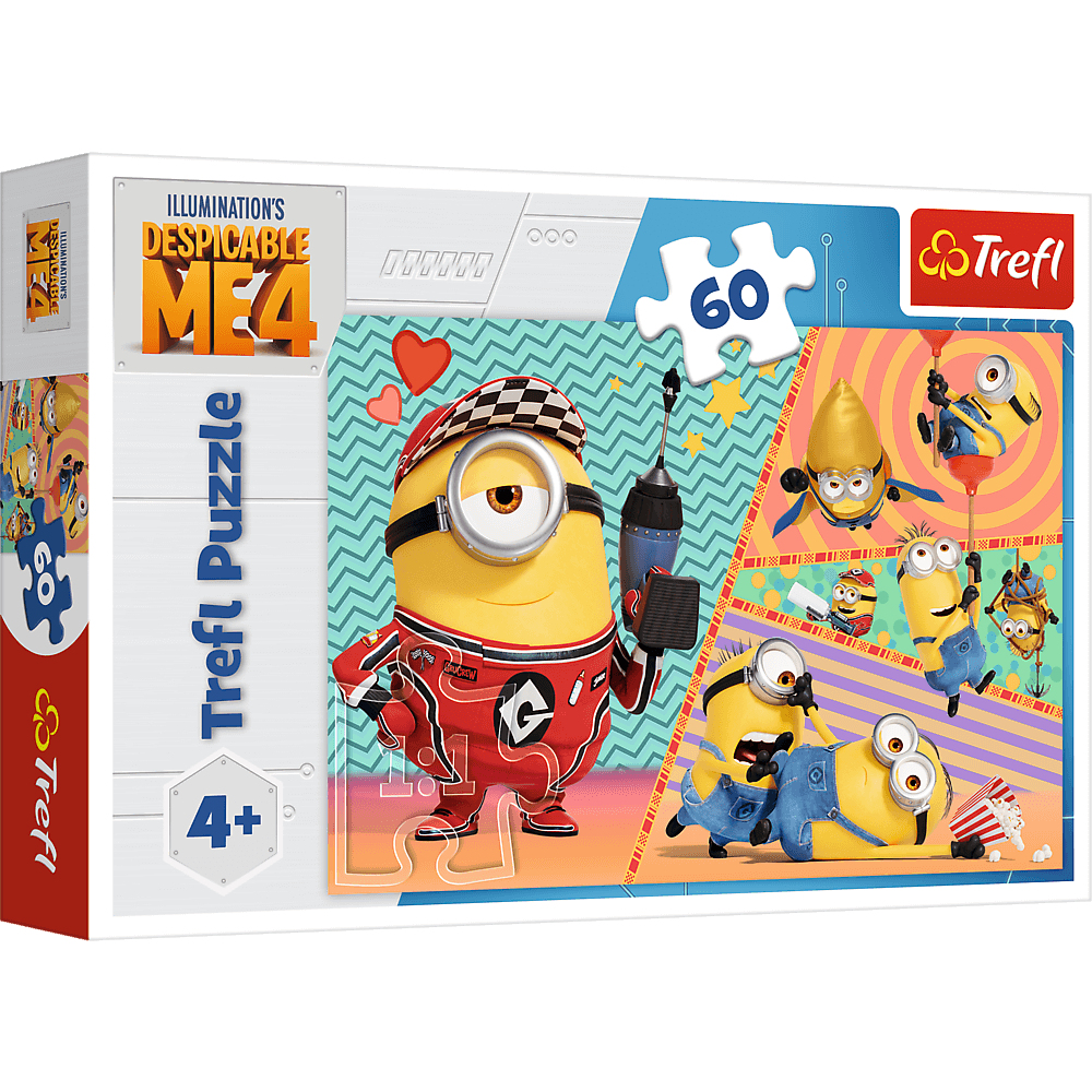 Trefl Despicable Me 4 Puzzle mit Minions in Rennanzügen und Werkzeugen.
