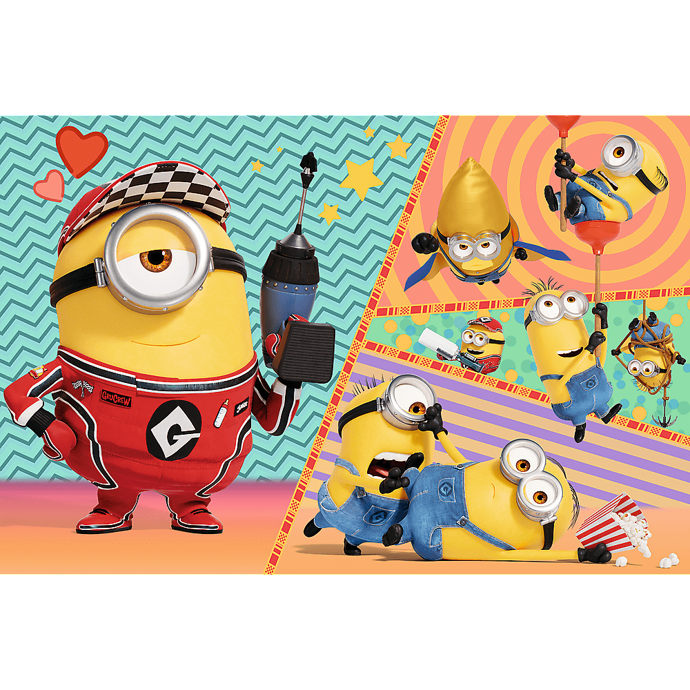 Minions in Rennanzügen und im Alltag, einige schweben, einer isst Popcorn.