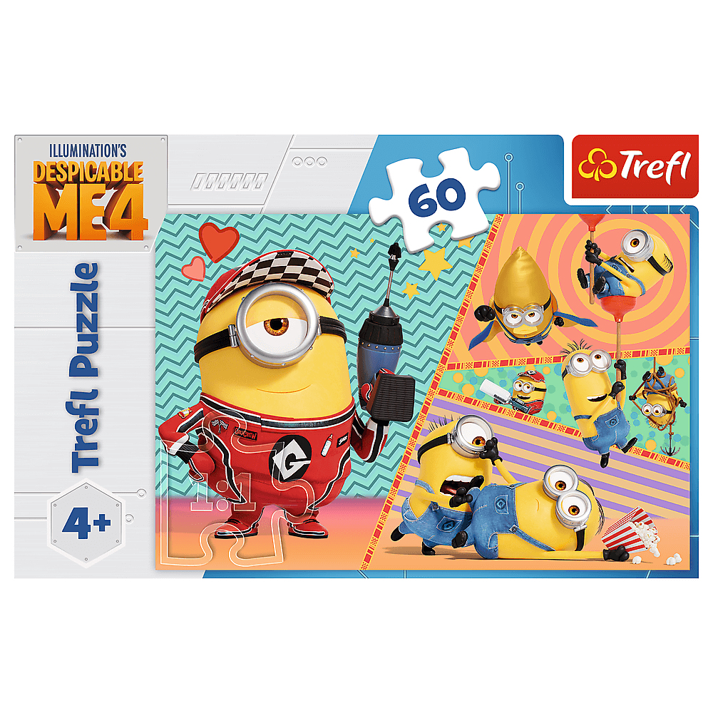 Minions im Rennanzug und Rennauto-Design halten Werkzeuge, 60 Teile Trefl Puzzle.