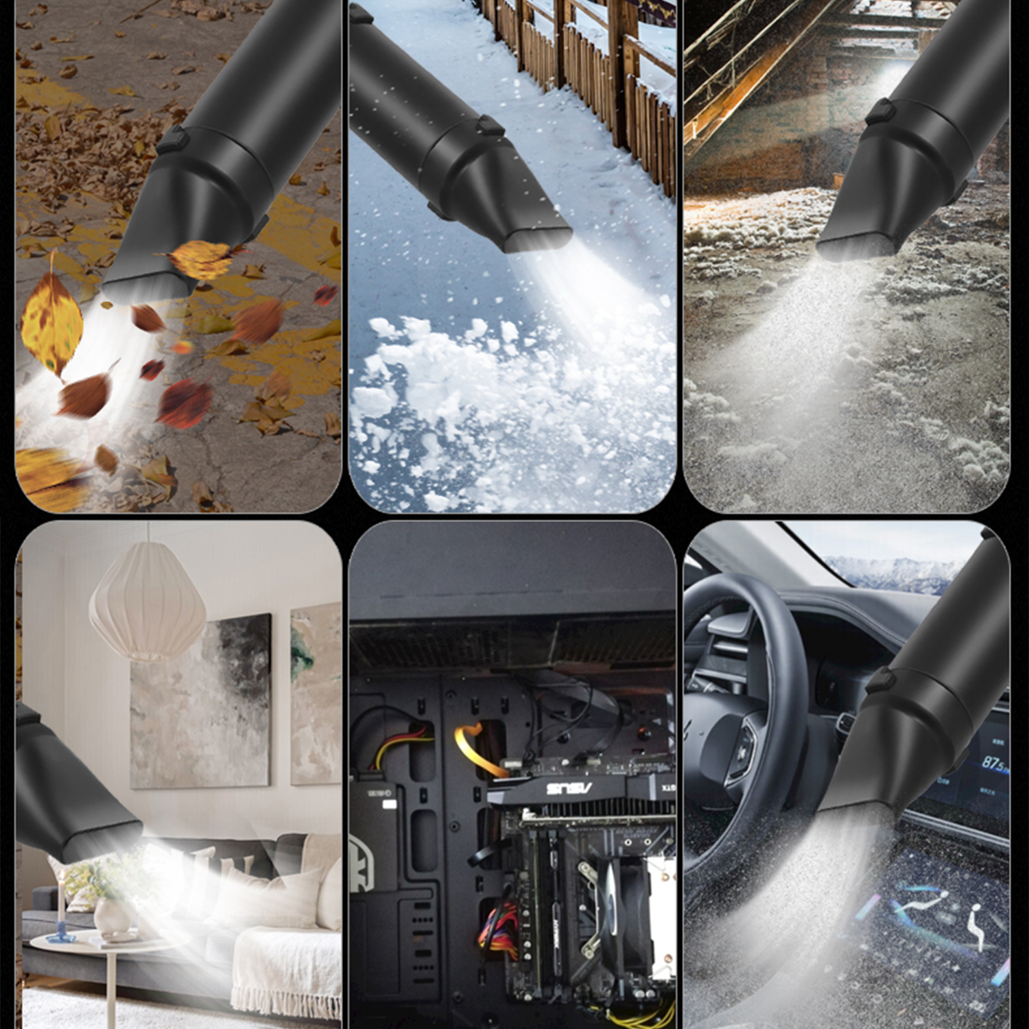 Colage de aspiración: hojas, nieve, suciedad, ordenador, interior de coche.