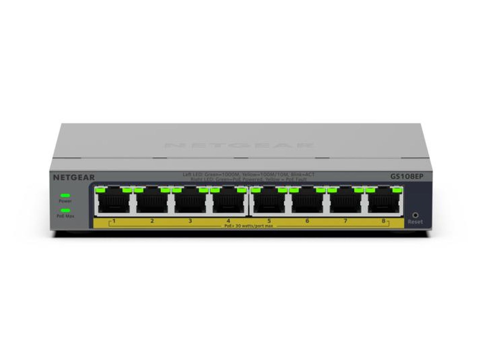 Switch Netgear GS108EP con 8 porte. LED Power e PoE Max accesi in verde.