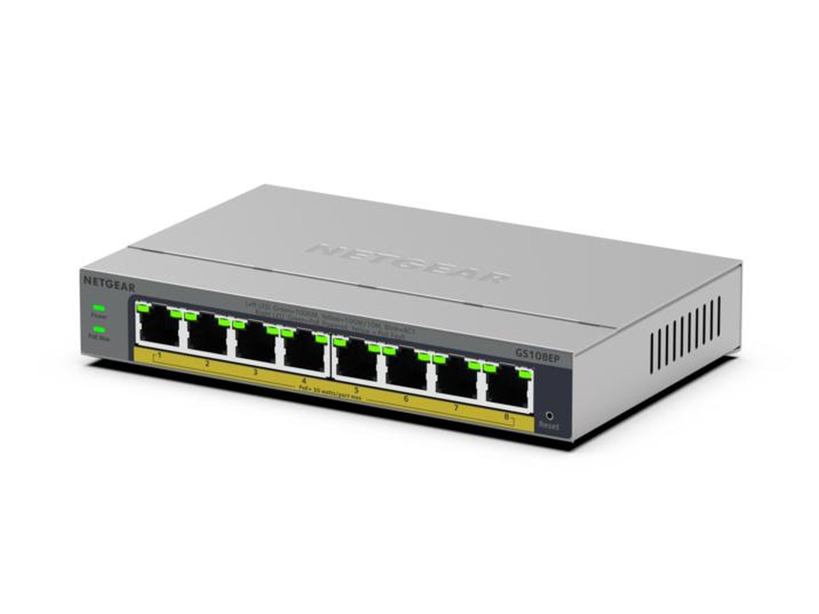 Uno switch PoE non gestito NETGEAR GS108EP ProSAFE argento a 8 porte.