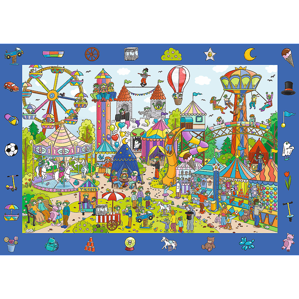 Ein belebter Jahrmarkt mit Karussells, Fahrgeschäften, Zelten und vielen kleinen Figuren.