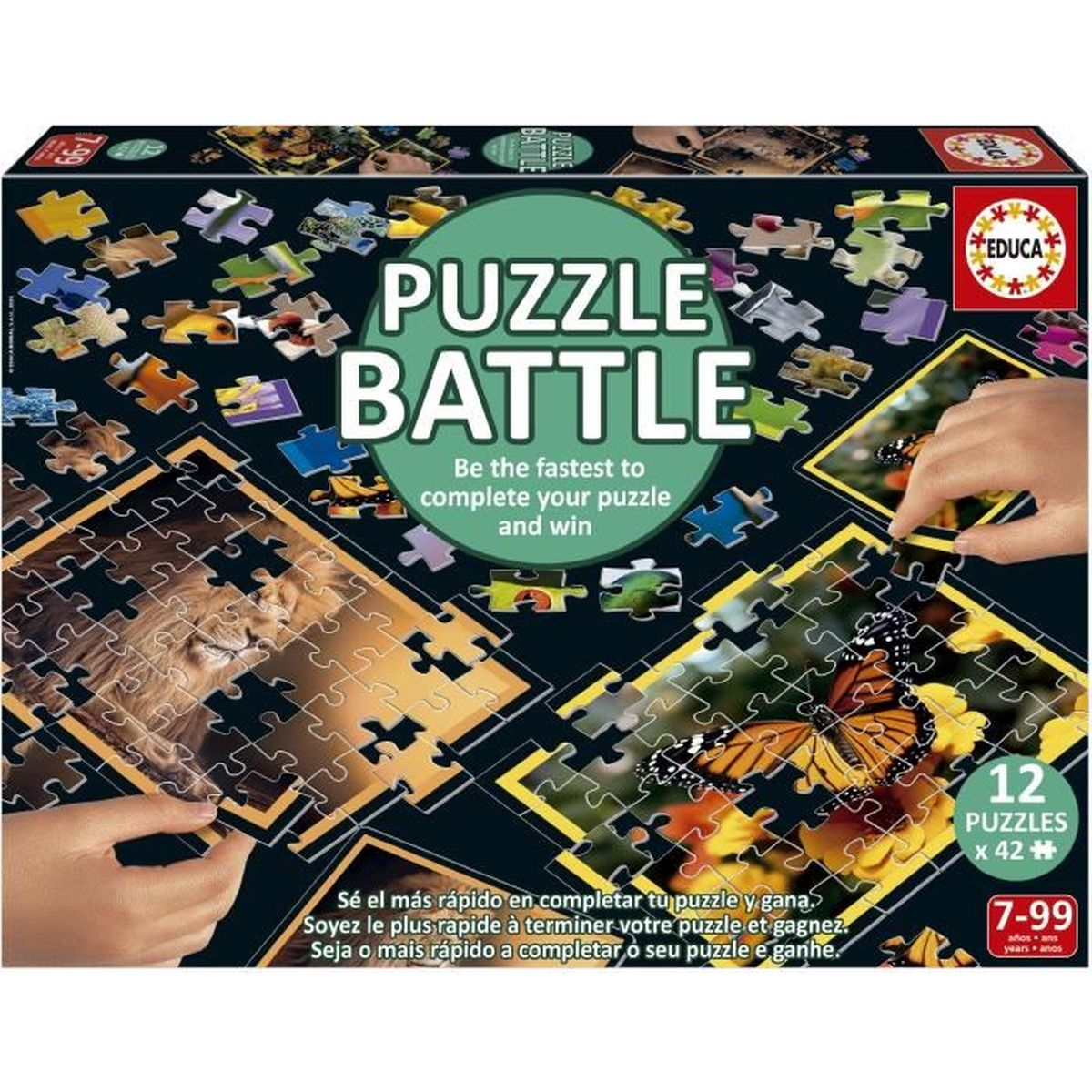 Puzzle-Verpackung mit Löwen- und Schmetterlingsbildern, "Puzzle Battle"-Logo.