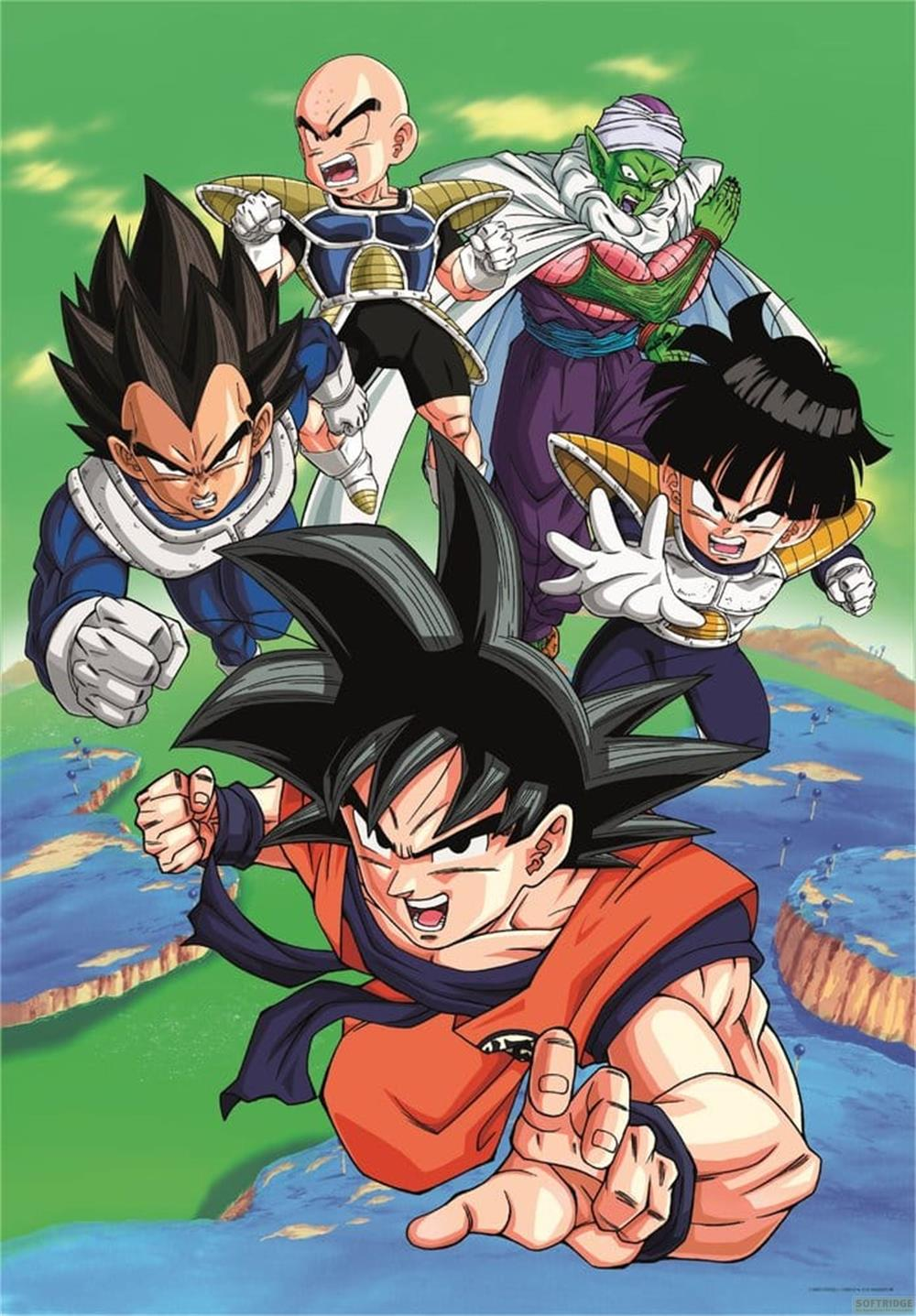 Goku, Vegeta, Krillin, Piccolo i Gohan stoją na tle zielonego nieba.